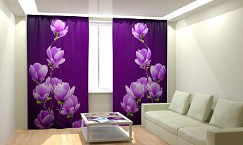 картинка Фотошторы Цветы магнолии на пурпурном фоне от магазина Рим-Декор